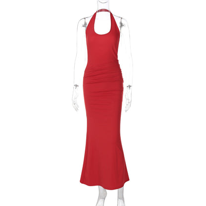 Deep V Plunge neck Hollow Out Cutout out Halter Slim Solid Color Sleeveless Sheath Dress