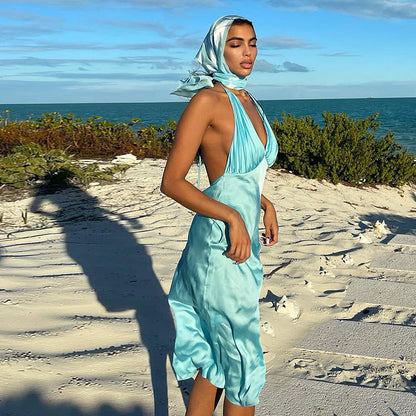 High Waist Midi Dress Strap Type Sleeveless V-neck One-Step Dress Pleated