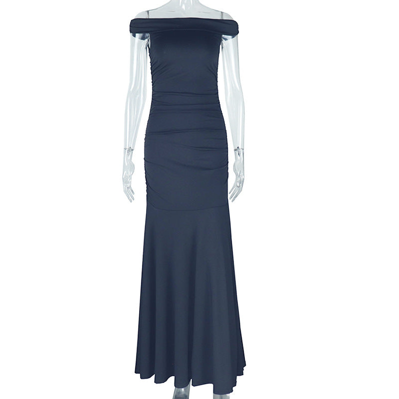 Wear Solid Color Elegant Tube Top Fairy Dress Zipper Raglan Sleeve off Neck Length Dress