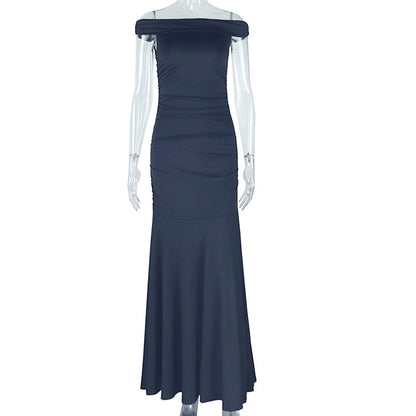 Wear Solid Color Elegant Tube Top Fairy Dress Zipper Raglan Sleeve off Neck Length Dress