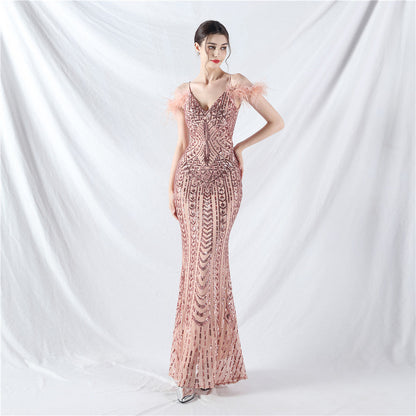 Positioning Floral Sequin Craft Order Ostrich Hair High End Evening Dress