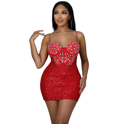 Hip Diamond Embedded Rhinestone Nightclub Party Sequin Cami Dress