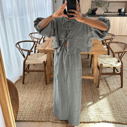 Retro Tea Dress for Puff Sleeve Shirt Set Summer