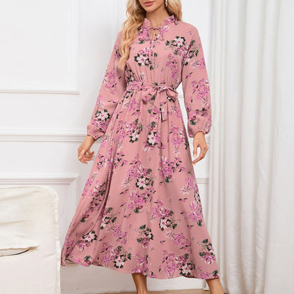 Slim Fit Elegant Lantern Sleeve StUp Collar Lace Floral Midi Dress
