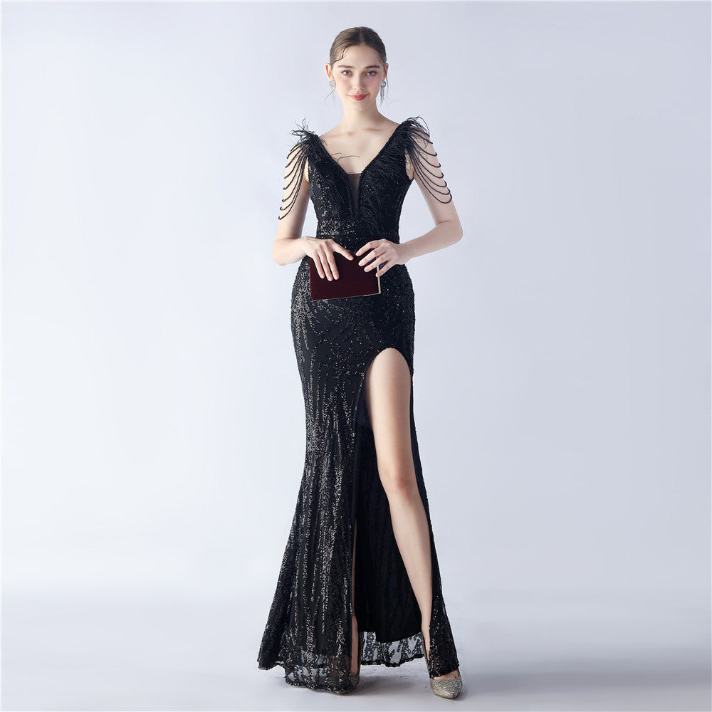Heavy Industry Ostrich Feather plus Beaded Long Sequined Evening Dress