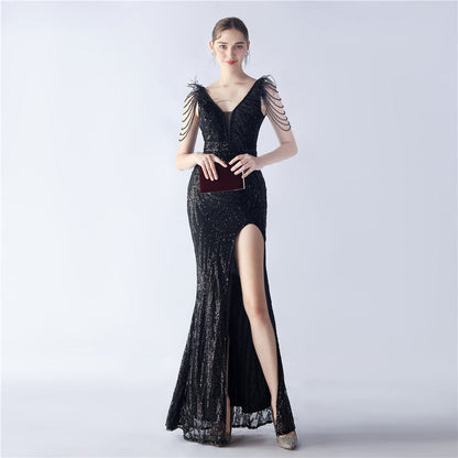 Heavy Industry Ostrich Feather plus Beaded Long Sequined Evening Dress