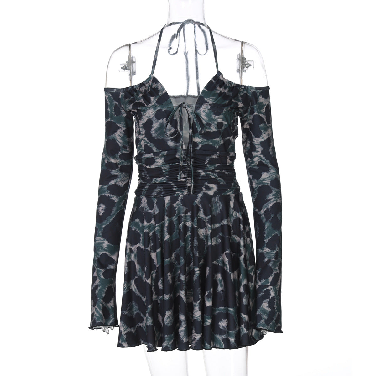 Pattern Print Long Sleeve Tether Halter Pleated Dress