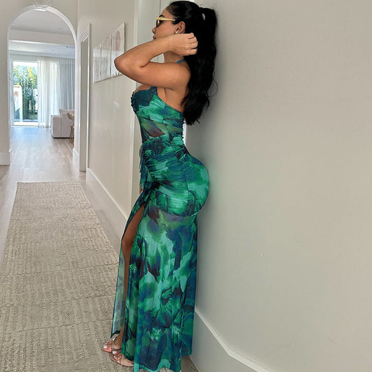 Printing Dress Sleeveless Halter Backless Slit Casual Dress