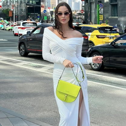 Solid Color off the Shoulder Tube Top Split Pleated Long Sleeve Dress