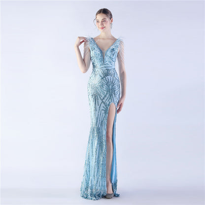 Heavy Industry Ostrich Feather plus Beaded Long Sequined Evening Dress