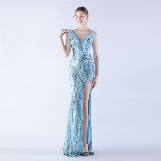 Heavy Industry Ostrich Feather plus Beaded Long Sequined Evening Dress