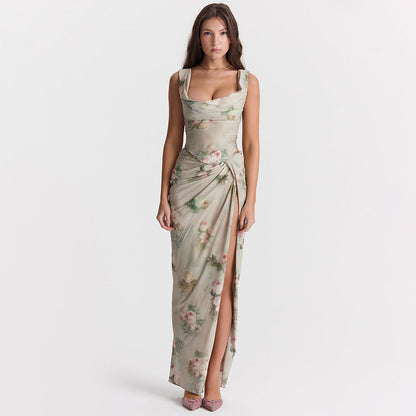 Chiffon Printed Spaghetti Straps Cropped Top Skirt Split Dress Two Piece Sets