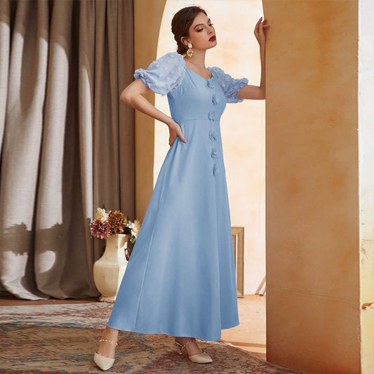 Dress Applique Embroidered Blue High Waist Short Sleeve Puff Sleeve Maxi Dress Summer
