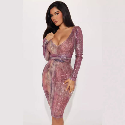 V Neck Long Sleeve Narrow Dress French Sequined Midi Dress