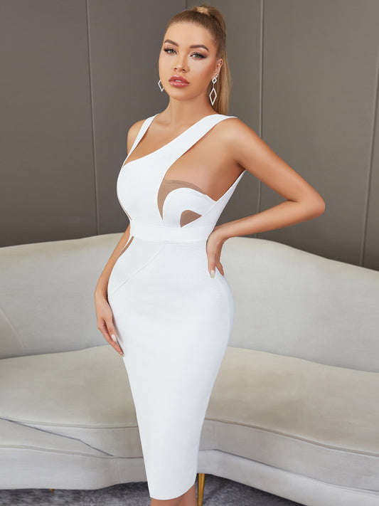Vest Sleeveless Backless White Mid Length Tight Bandage One Piece Elegant Lady Of Note Evening Dress