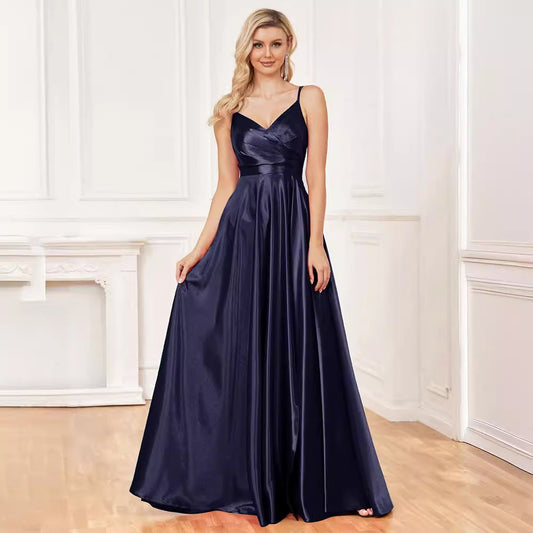 Sling Silk Dress Backless Blue Maxi Dress Bridesmaid Evening