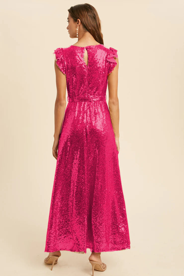 Sequ Dress Sleeveless Belt Round Neck Midi Dress Party Cocktail Dress