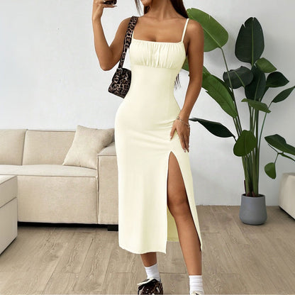 Simple Dress High Waist Slit Slim Strap Midi Dress