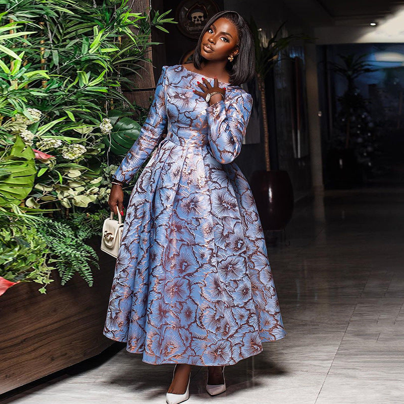 Crew Neck Long Sleeve Tight Waist Mid Length A line Pleated Dress