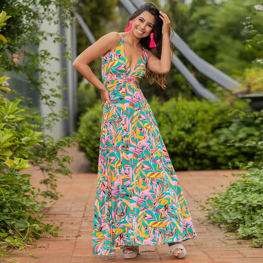 Wear V Neck Brace Printing Elegant A Swing Maxi Dress