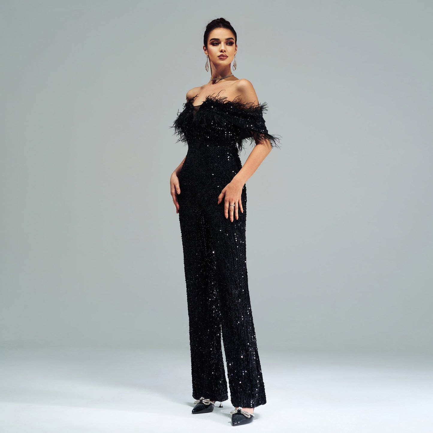 High End Long off Neck Sequined Cocktail Jumpsuit Evening Dress Bridesmaid Dress