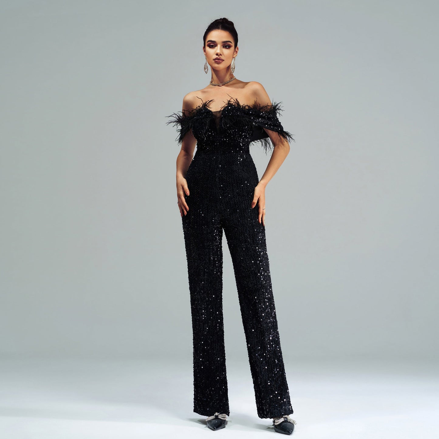 High End Long off Neck Sequined Cocktail Jumpsuit Evening Dress Bridesmaid Dress