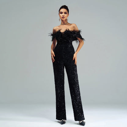 High End Long off Neck Sequined Cocktail Jumpsuit Evening Dress Bridesmaid Dress
