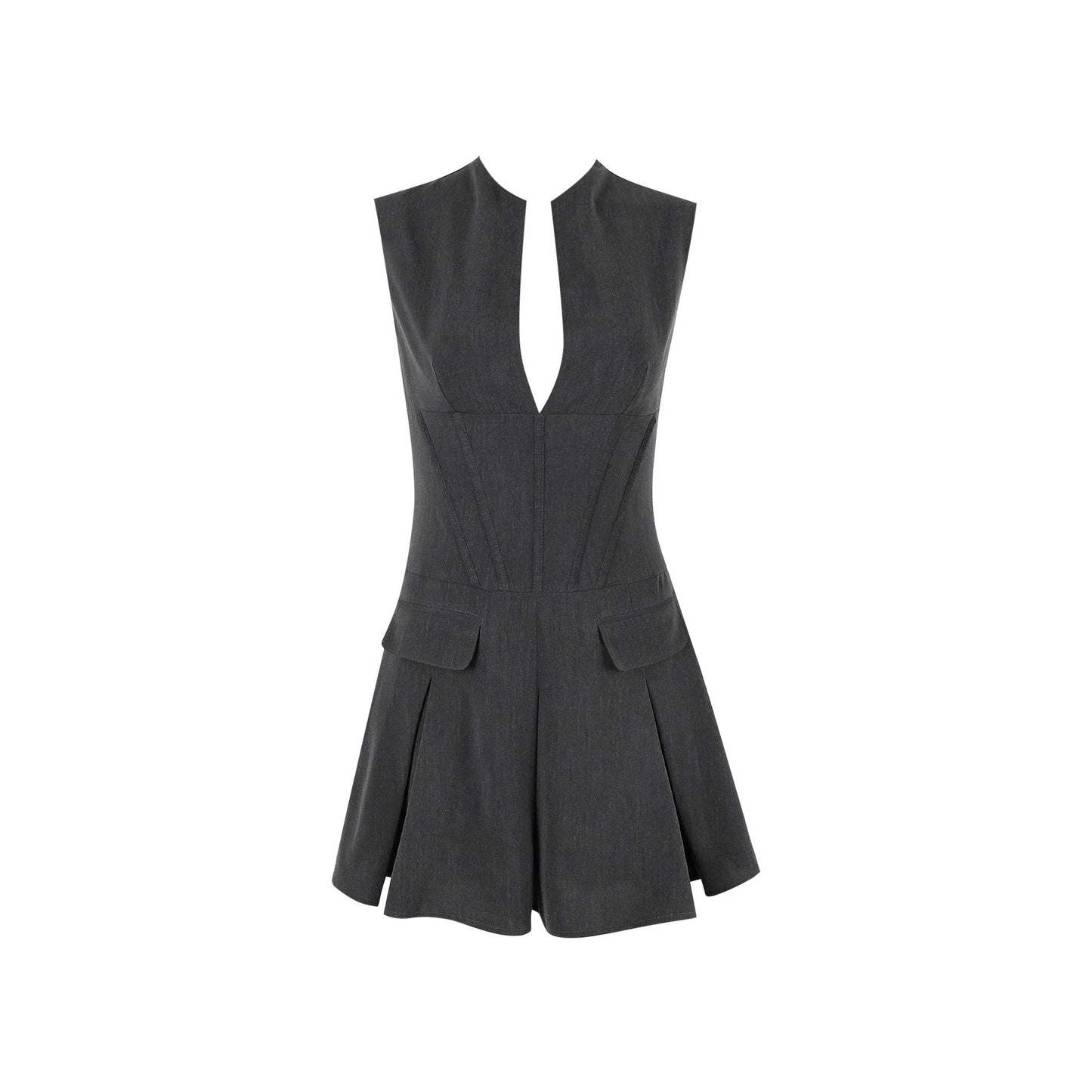 Office Commuting Wear Dress V neck Pleated Dress Boning Corset Slim Sleeveless Dress for