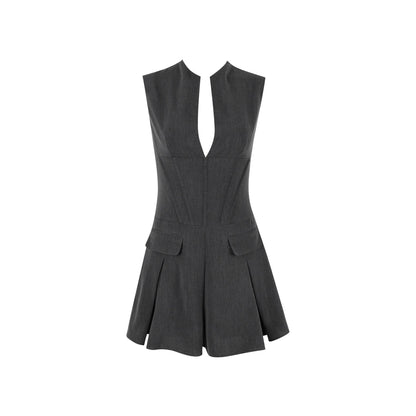 Office Commuting Wear Dress V neck Pleated Dress Boning Corset Slim Sleeveless Dress for