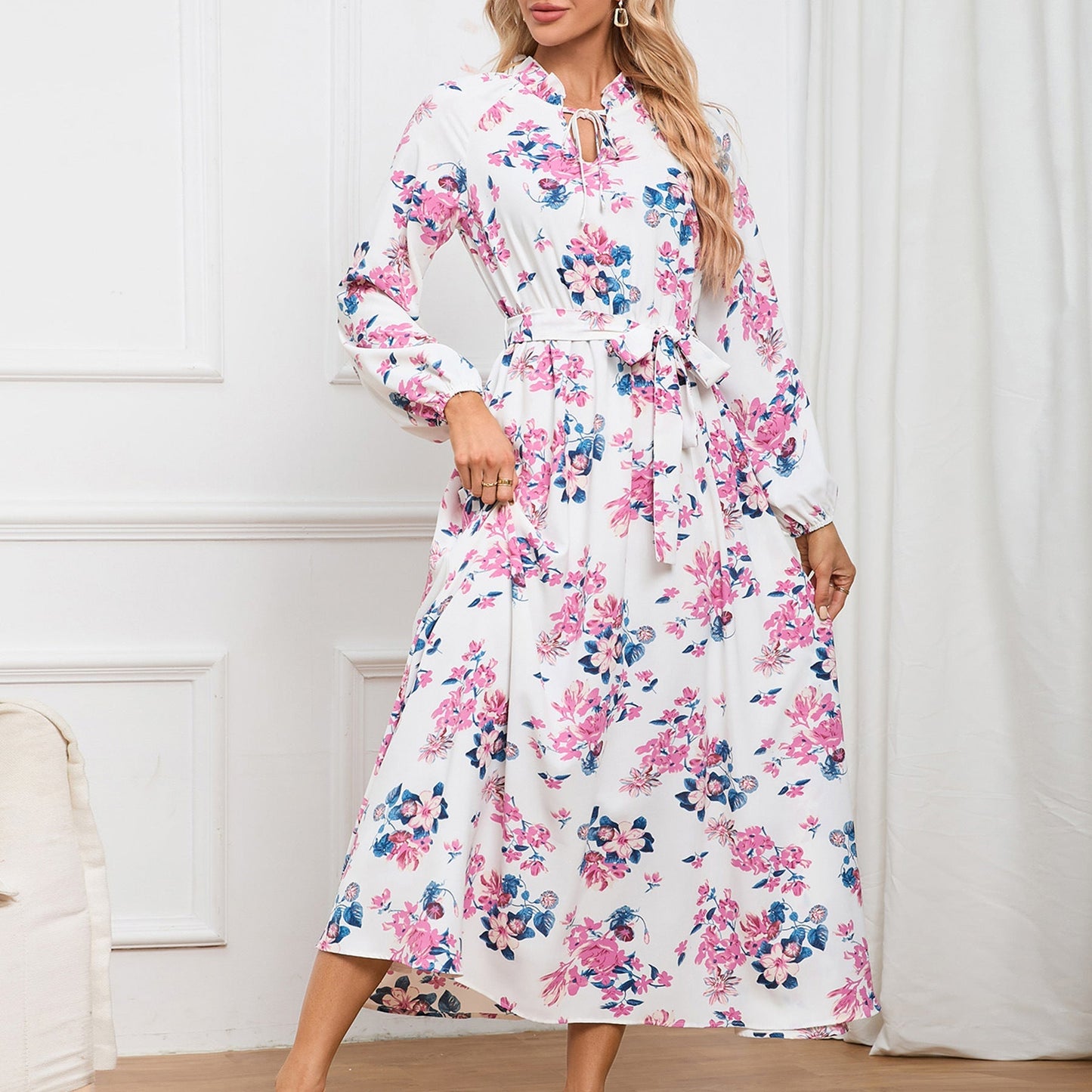 Slim Fit Elegant Lantern Sleeve StUp Collar Lace Floral Midi Dress