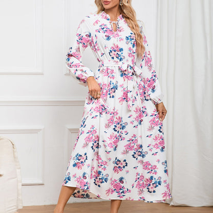 Slim Fit Elegant Lantern Sleeve StUp Collar Lace Floral Midi Dress