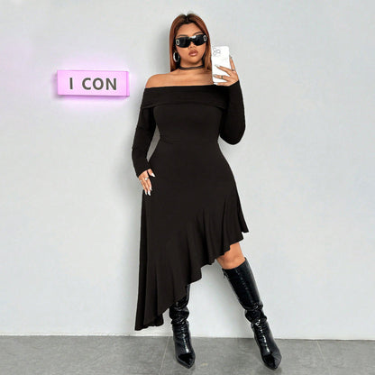 Elegant Dress  Boat Collar Wooden Ear Midi Dress