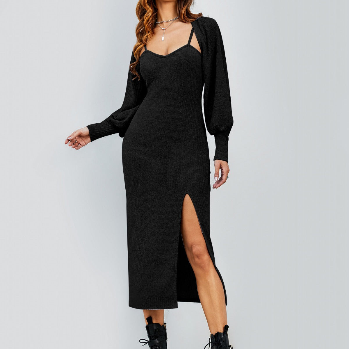 Black Halter Group Short Shawl Halter High Slit Dress