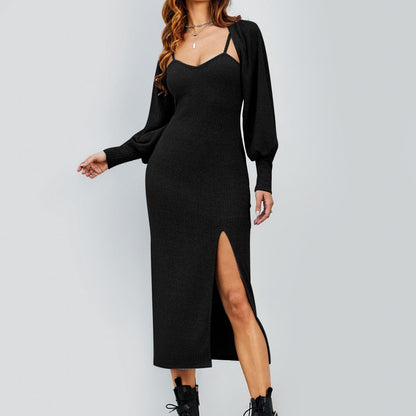 Black Halter Group Short Shawl Halter High Slit Dress