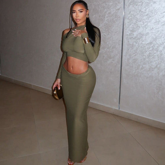 Comfort Casual Solid Color Cropped Skirt Set Maxi Dress Long Sleeve Diagonal Collar Two Piece Set
