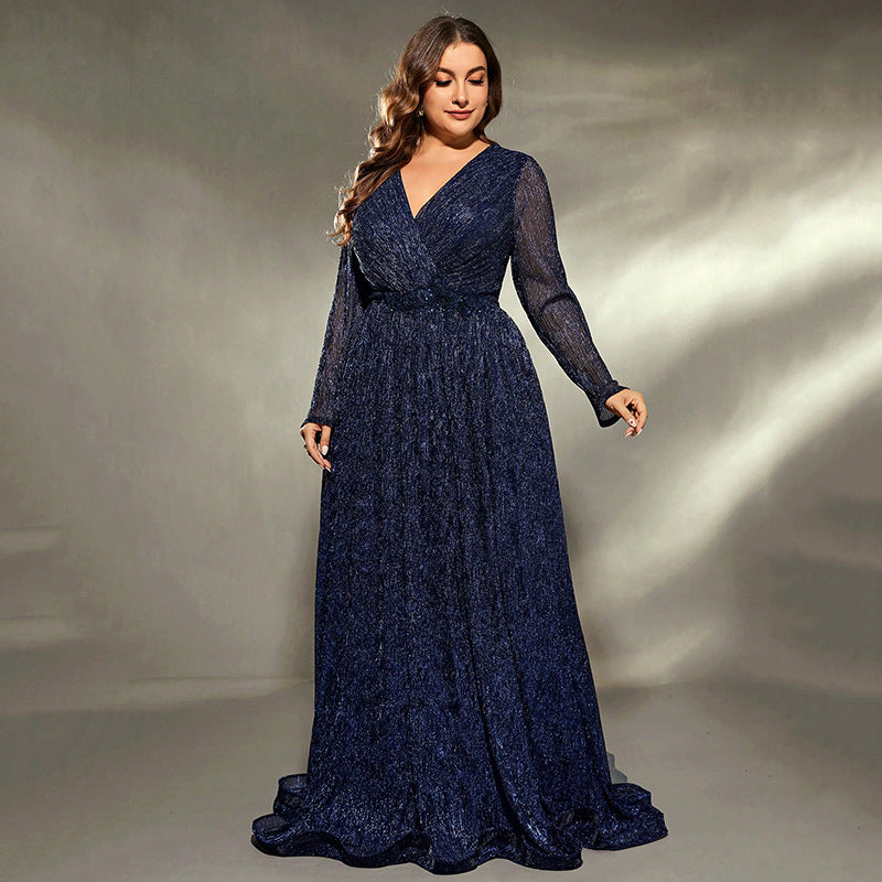 Plus Size Evening Cocktail Host Gorgeous Queen Long Sleeve Sequin Model Elegant Dress