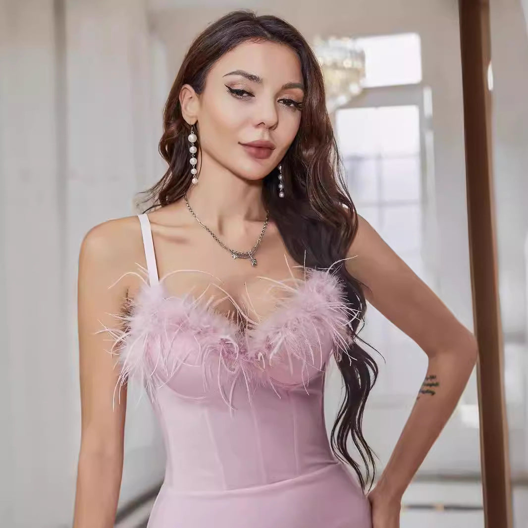 Sweet Spicy Feather Boning Corset Dress One Piece Fixed Cup Tube Top V neck Strap Hip