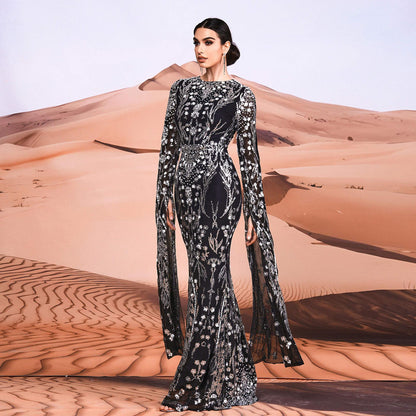 Super Long Sleeve Crew Neck Slim Long Sequined Cocktail Evening Dress Bridesmaid Dress