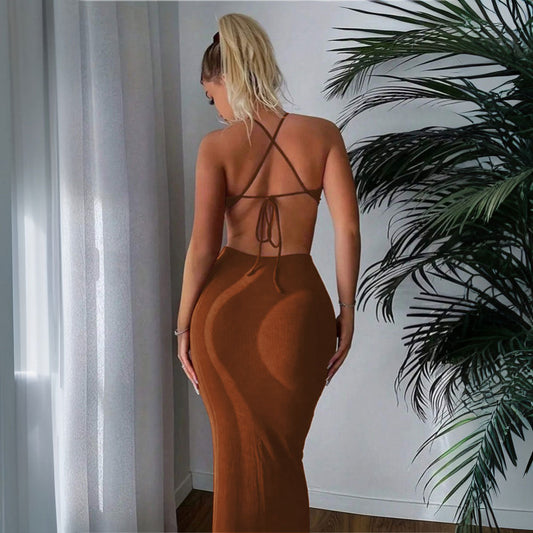 Backless Lace up Halter Sheath Slim Dress