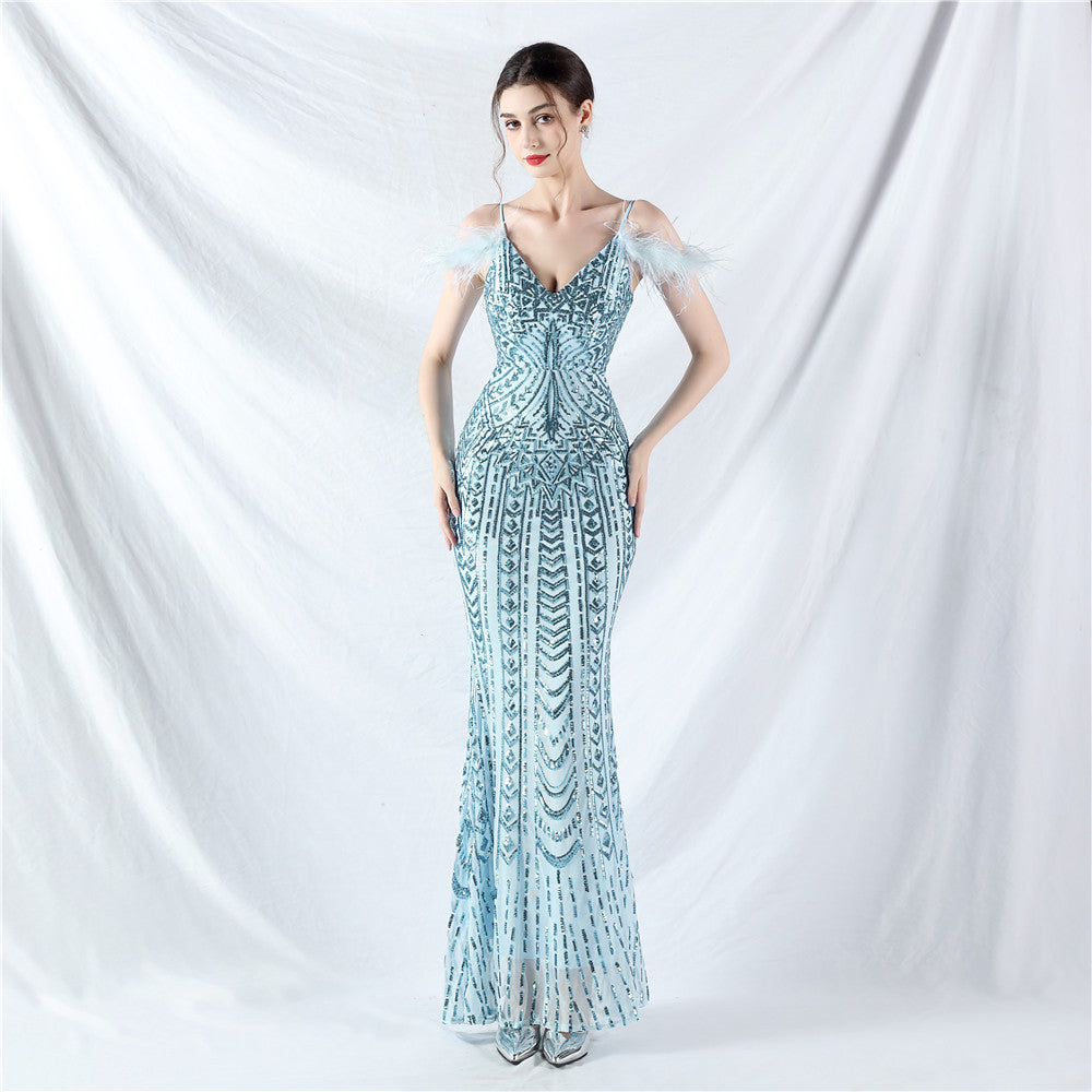 Positioning Floral Sequin Craft Order Ostrich Hair High End Evening Dress