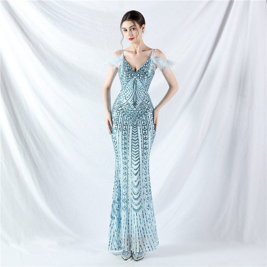 Positioning Floral Sequin Craft Order Ostrich Hair High End Evening Dress
