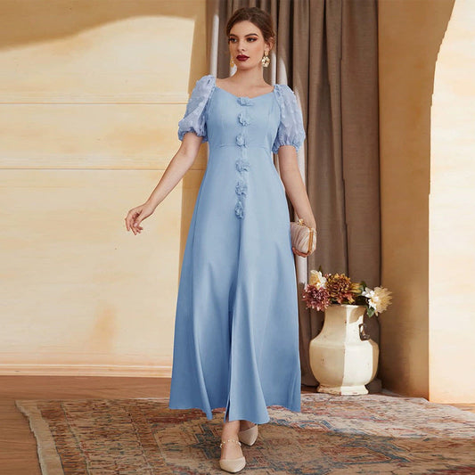 Dress Applique Embroidered Blue High Waist Short Sleeve Puff Sleeve Maxi Dress Summer