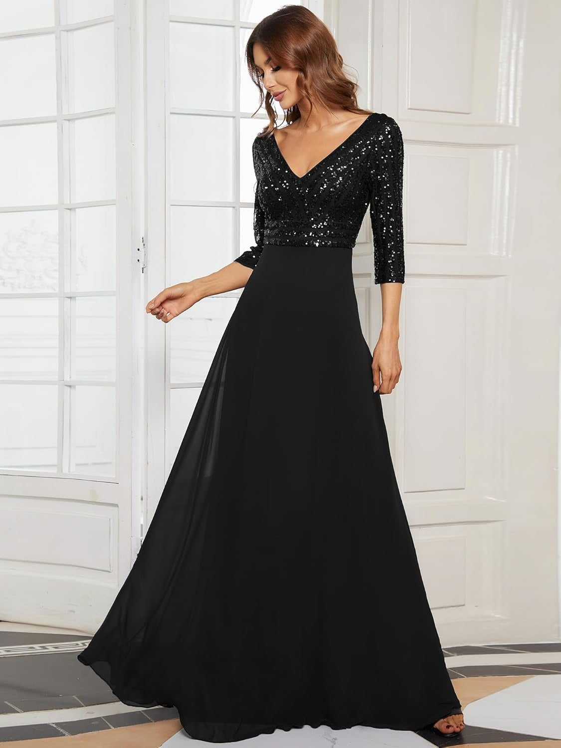 Middle East Chiffon Double V neck Dress A line Large Hem Sequin Stitching Evening Dress