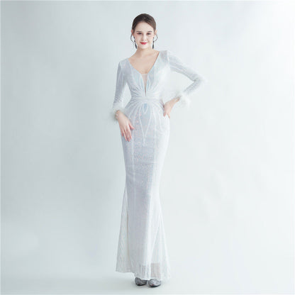 Positioning Floral Sequin Craft Ostrich Feather High End Long Sleeved Evening Dress
