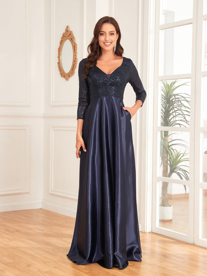 Blue Color Sequin V neck Long Sleeve Dress Satin Dress Slim Fit A line Dress Bridesmaid Cocktail Evening Dress