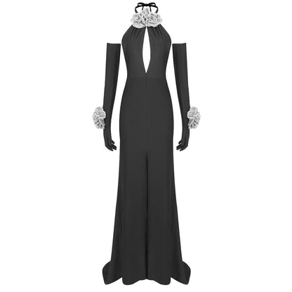 Halter Silver Floral Hollow Out Cutout Dress with Gloves Split