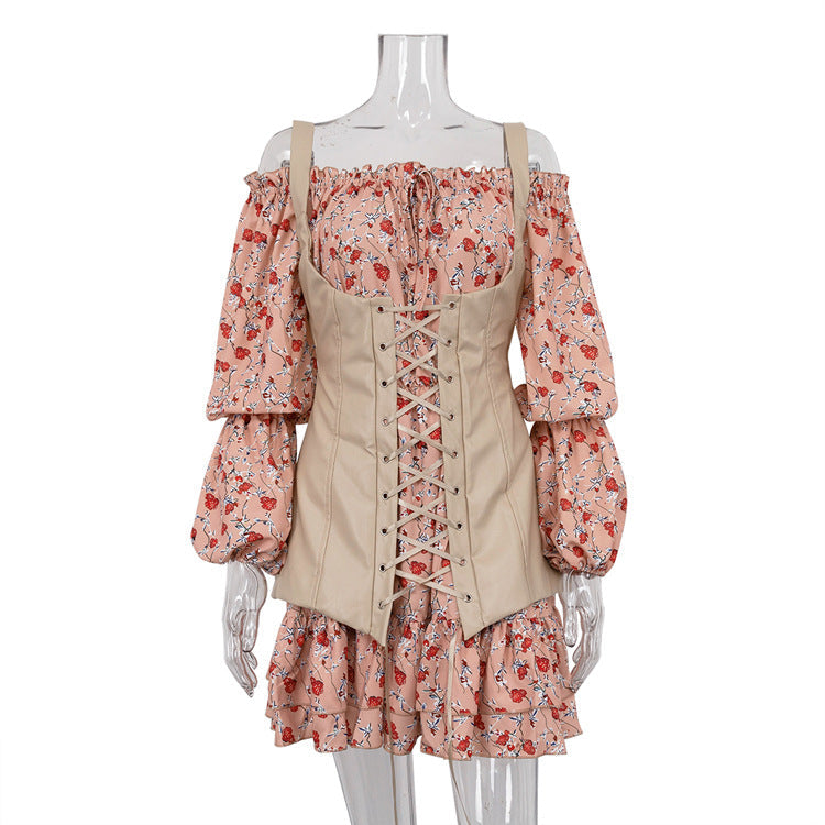 Long Sleeve Floral Dress with Vest Waist Tight Slimming A line Dress