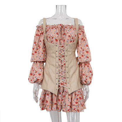 Long Sleeve Floral Dress with Vest Waist Tight Slimming A line Dress