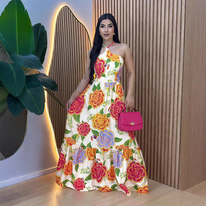 Halter Lace up Backless Dress French Printed Slim Fit Dress