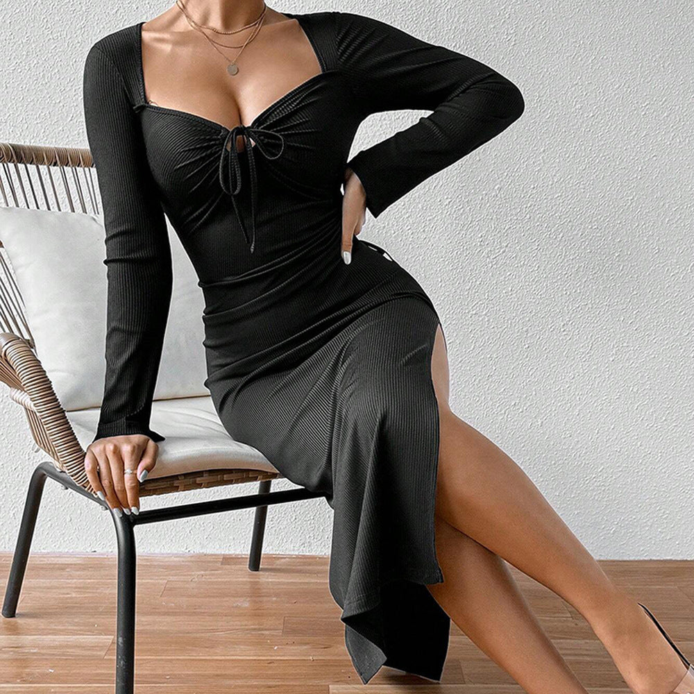 French Elegant Socialite Dress  Square Collar Slit Slim Midi Dress